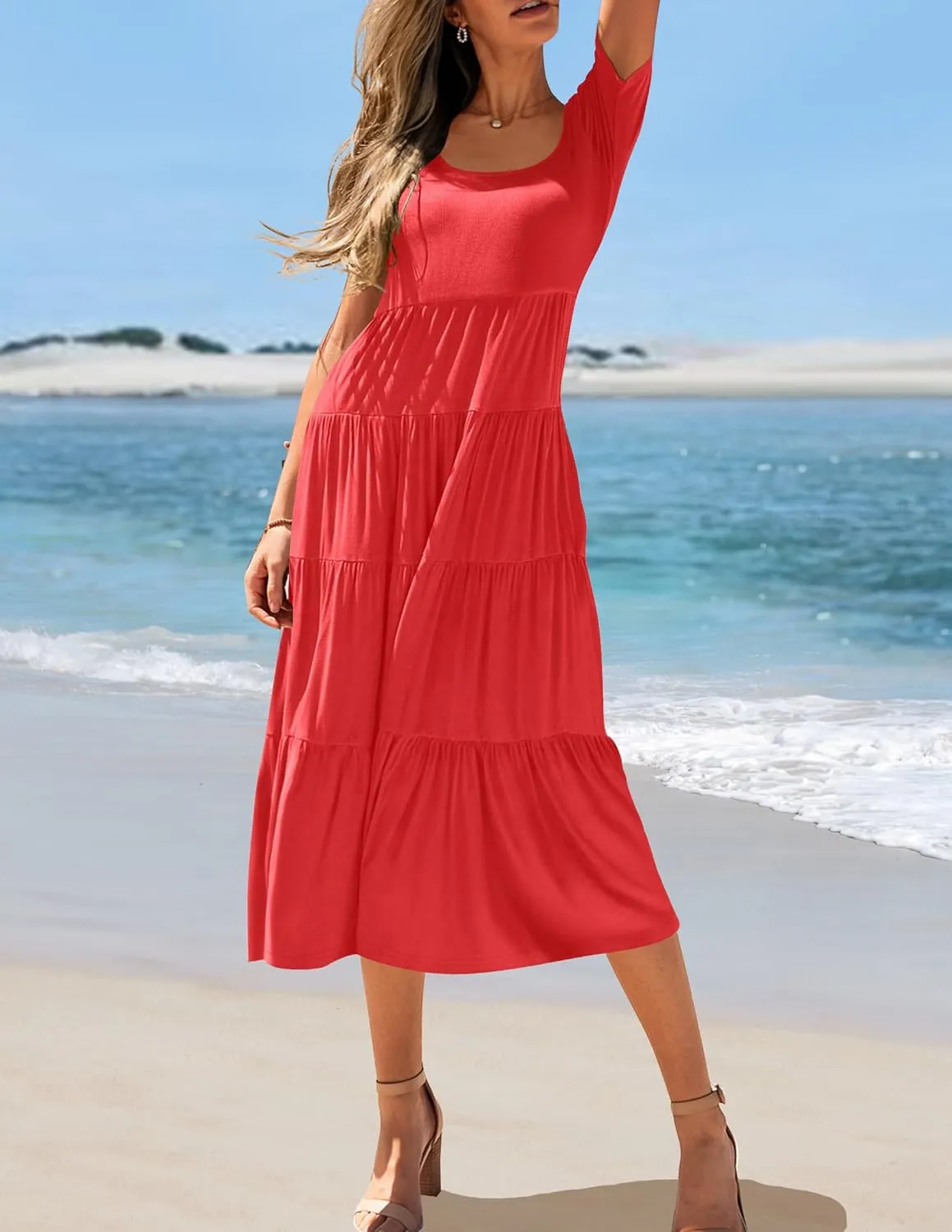 ZESICA Women's Summer Casual T Shirt Dress Short Sleeve Scoop Neck Flowy Tiered Beach Midi Dresses with Pockets