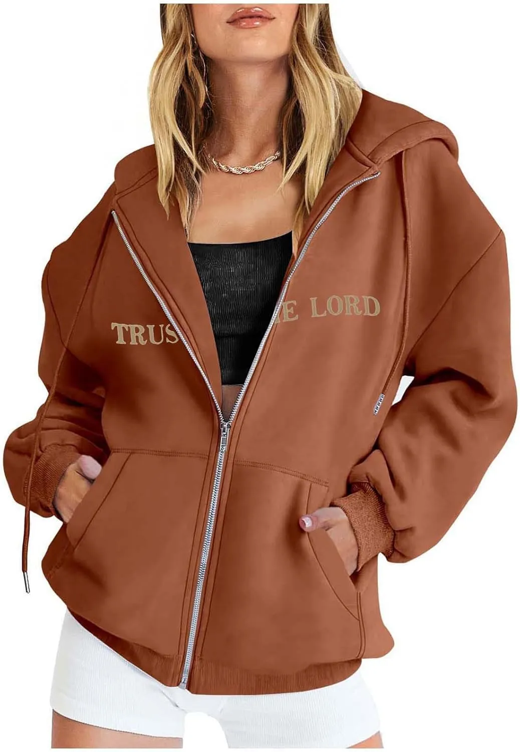 Zip Up Trust In The Lord Hoodies Anime for Women Y2K Fleece Lined Drawstring with Hood Jackets 2024 Thin Graphic Tops